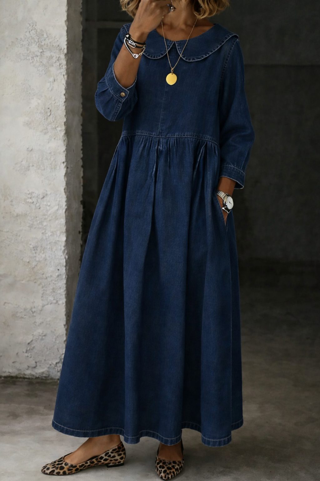 Arianne | Women's Denim Maxi Dress with Peter Pan Collar
