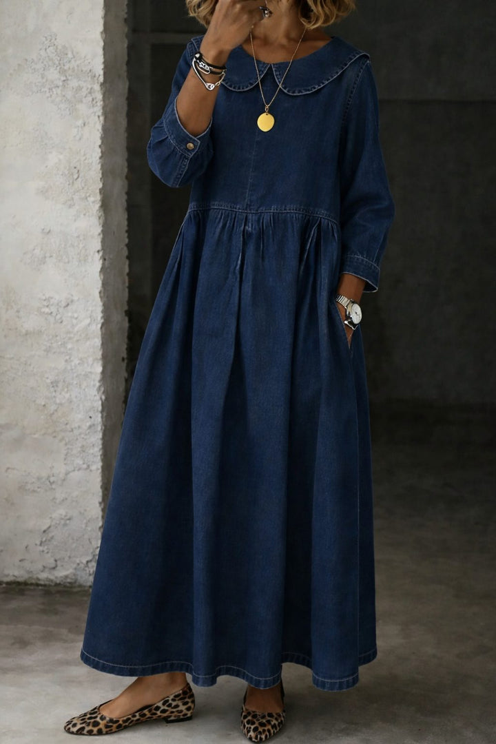 Arianne | Women's Denim Maxi Dress with Peter Pan Collar