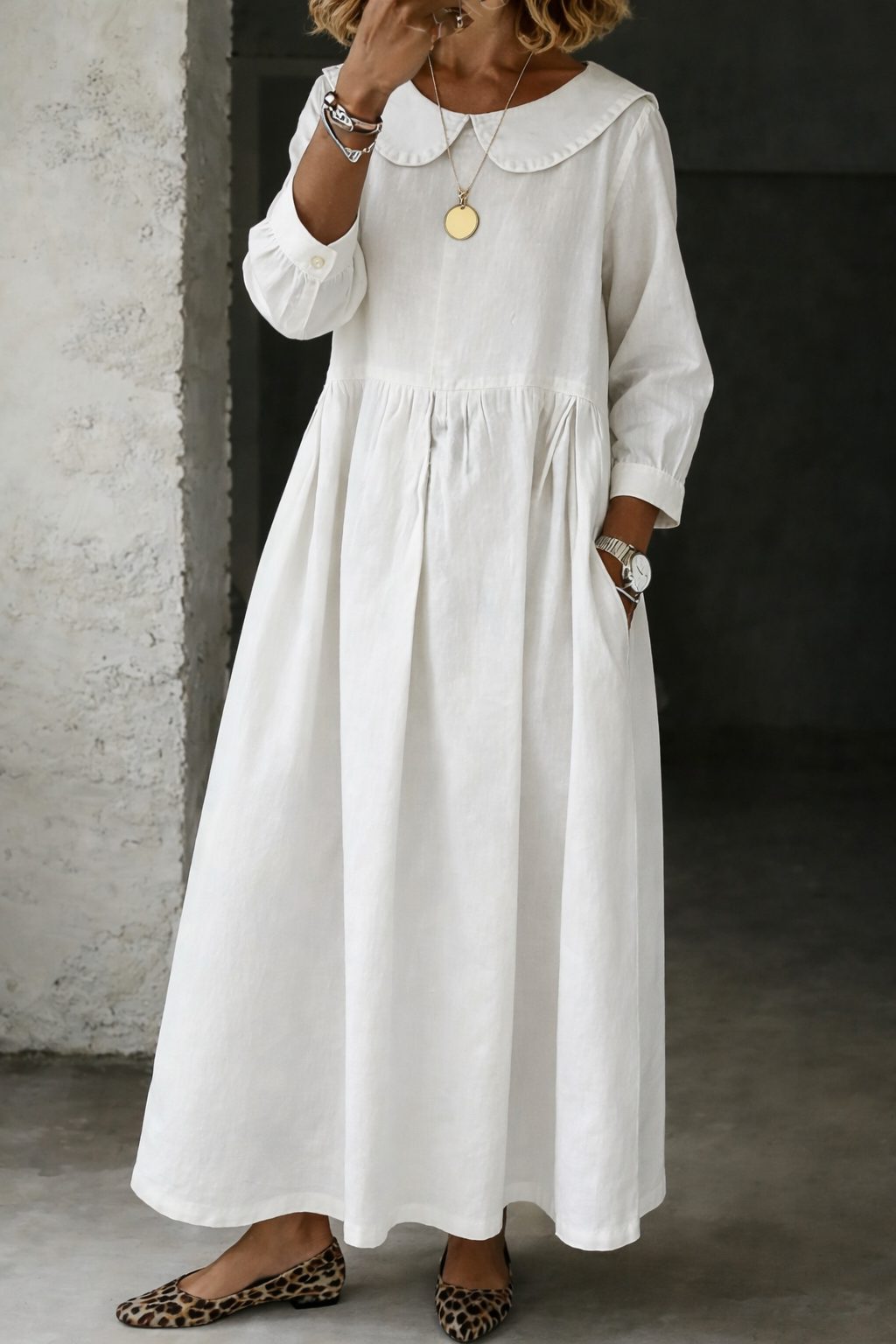 Arianne | Women's Denim Maxi Dress with Peter Pan Collar