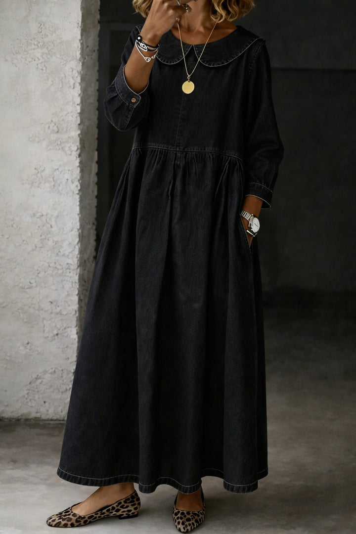 Arianne | Women's Denim Maxi Dress with Peter Pan Collar