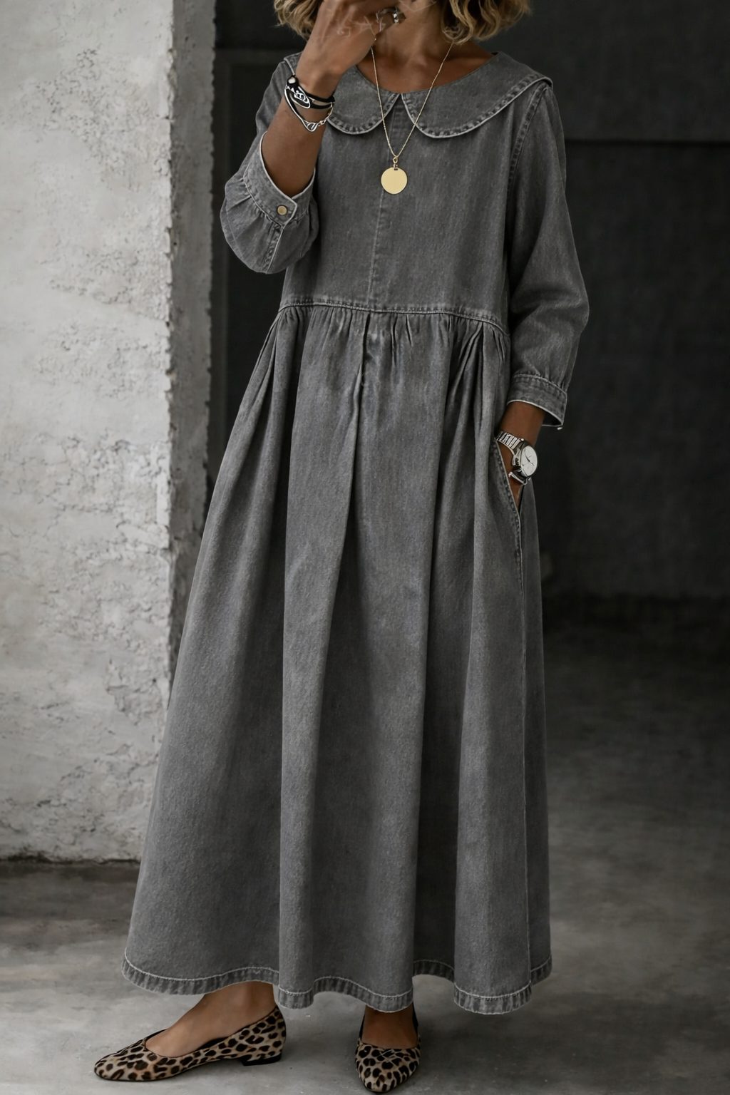 Arianne | Women's Denim Maxi Dress with Peter Pan Collar