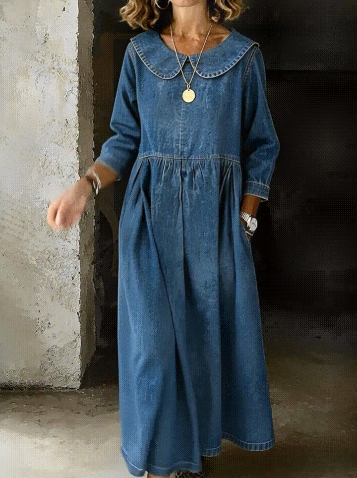Arianne | Women's Denim Maxi Dress with Peter Pan Collar