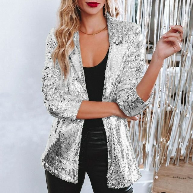 Estrella | Women's Sequin Fitted Blazer with Stand Collar