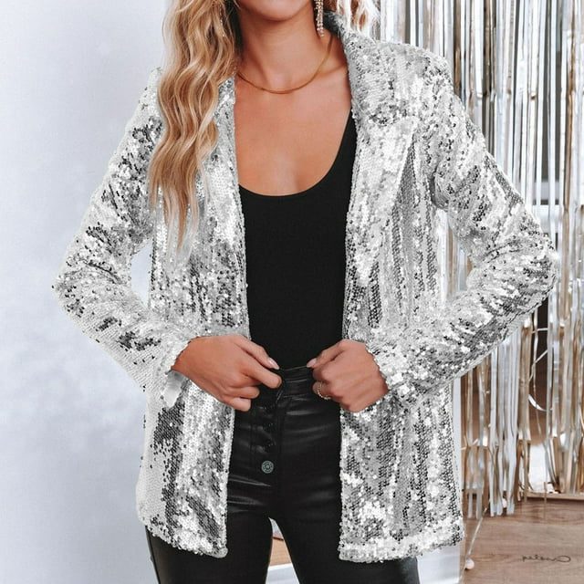 Estrella | Women's Sequin Fitted Blazer with Stand Collar