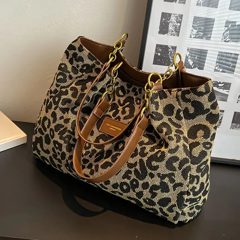 Wisteria | Women's Woven Leopard Print Tote With Chain Straps