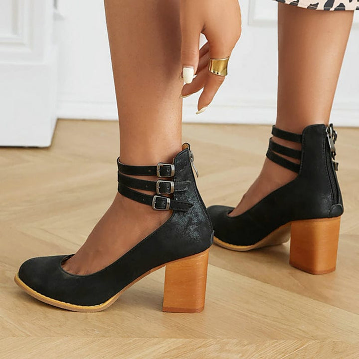 Heulwen | Women's Triple Buckle Block Heel Ankle Boots
