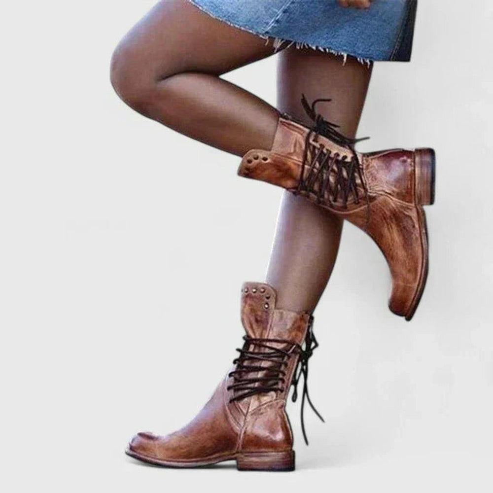 Bernadine | Women's Block Heel Leather Boots with Lace-Up