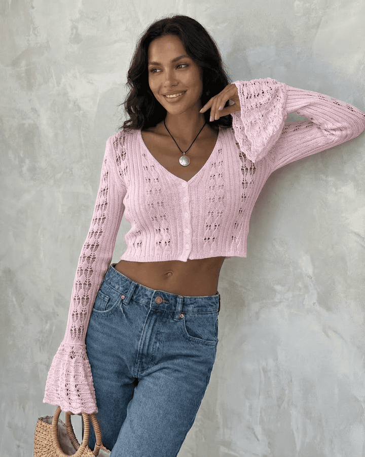 Brigitte | Women's Pointelle Cropped Cardigan with Flared Sleeves