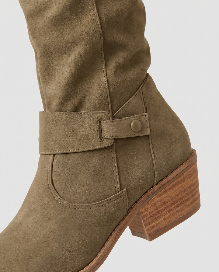 Ondine | Women's Knee High Suede Boots with Block Heel - material detail