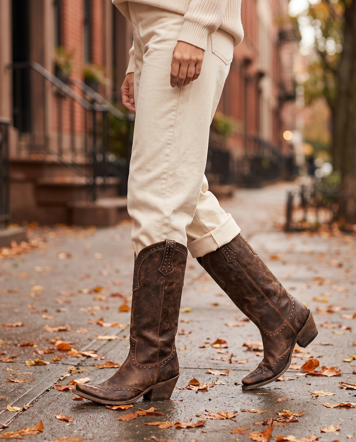 Amaris | Women's Studded Knee High Cowboy Boots - worn on the street