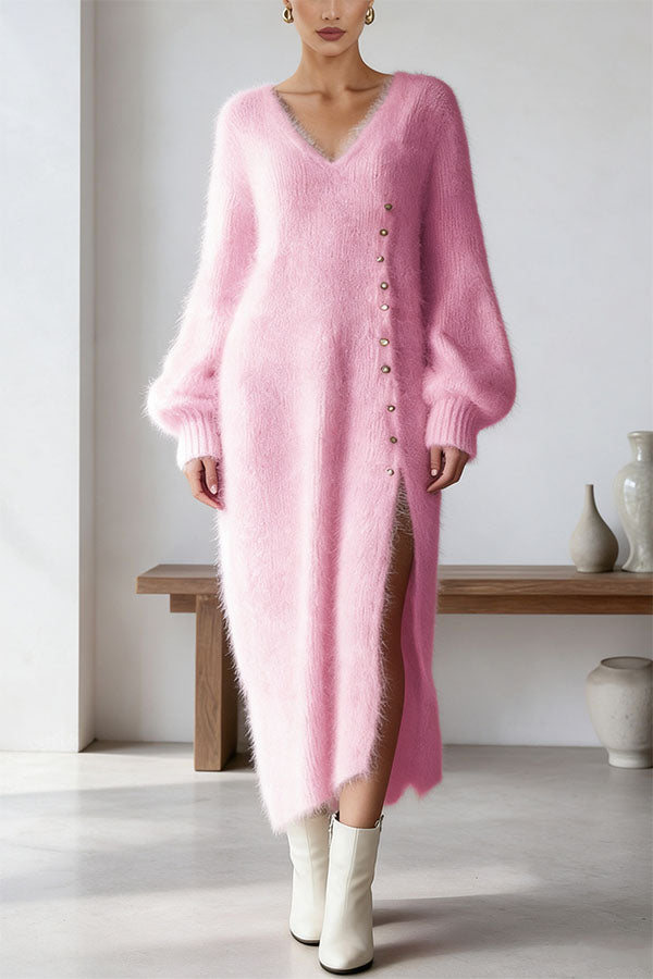 Paula | Women's Knit V-Neck Button-Front Midi Dress