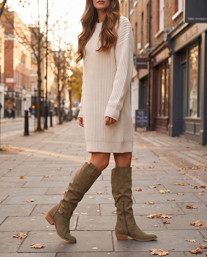 Ondine | Women's Knee High Suede Boots with Block Heel - worn on the street