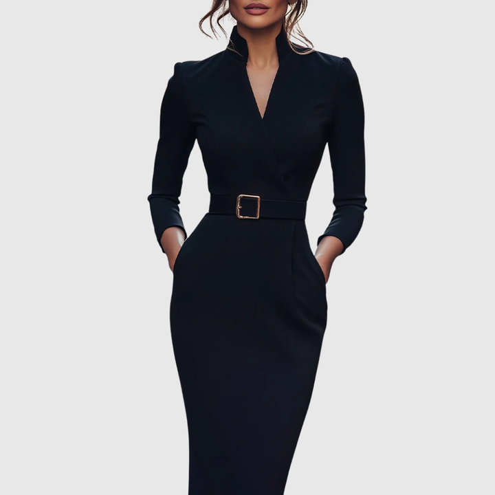 Rosamond | Women's Belted V-Neck Long Sleeve Midi Dress