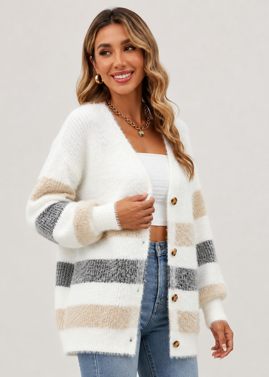 Agathe | Women's Striped Button-Front Knit Cardigan