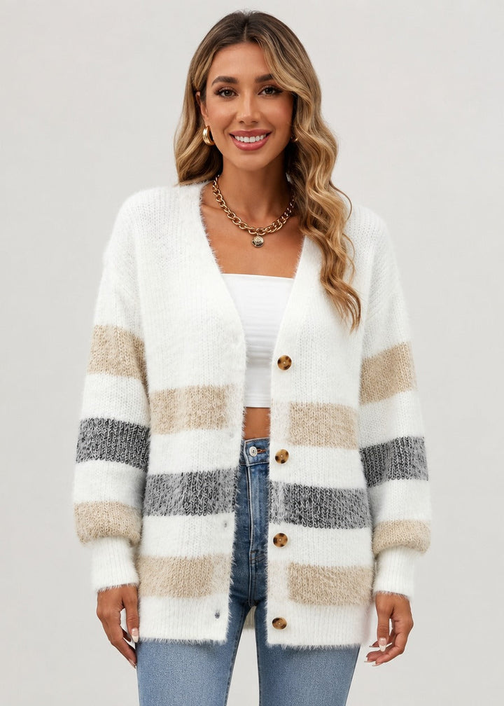 Agathe | Women's Striped Button-Front Knit Cardigan