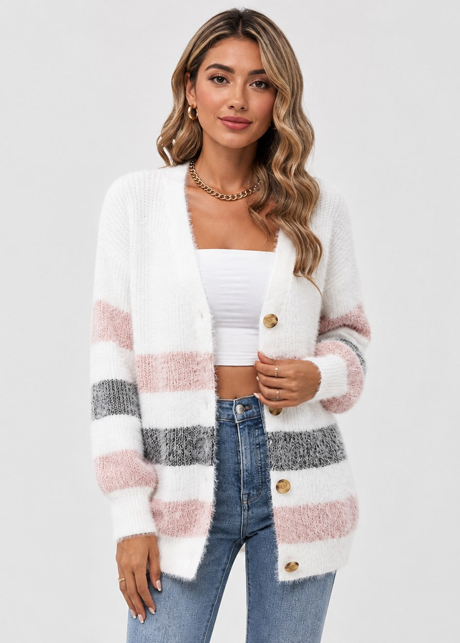 Agathe | Women's Striped Button-Front Knit Cardigan