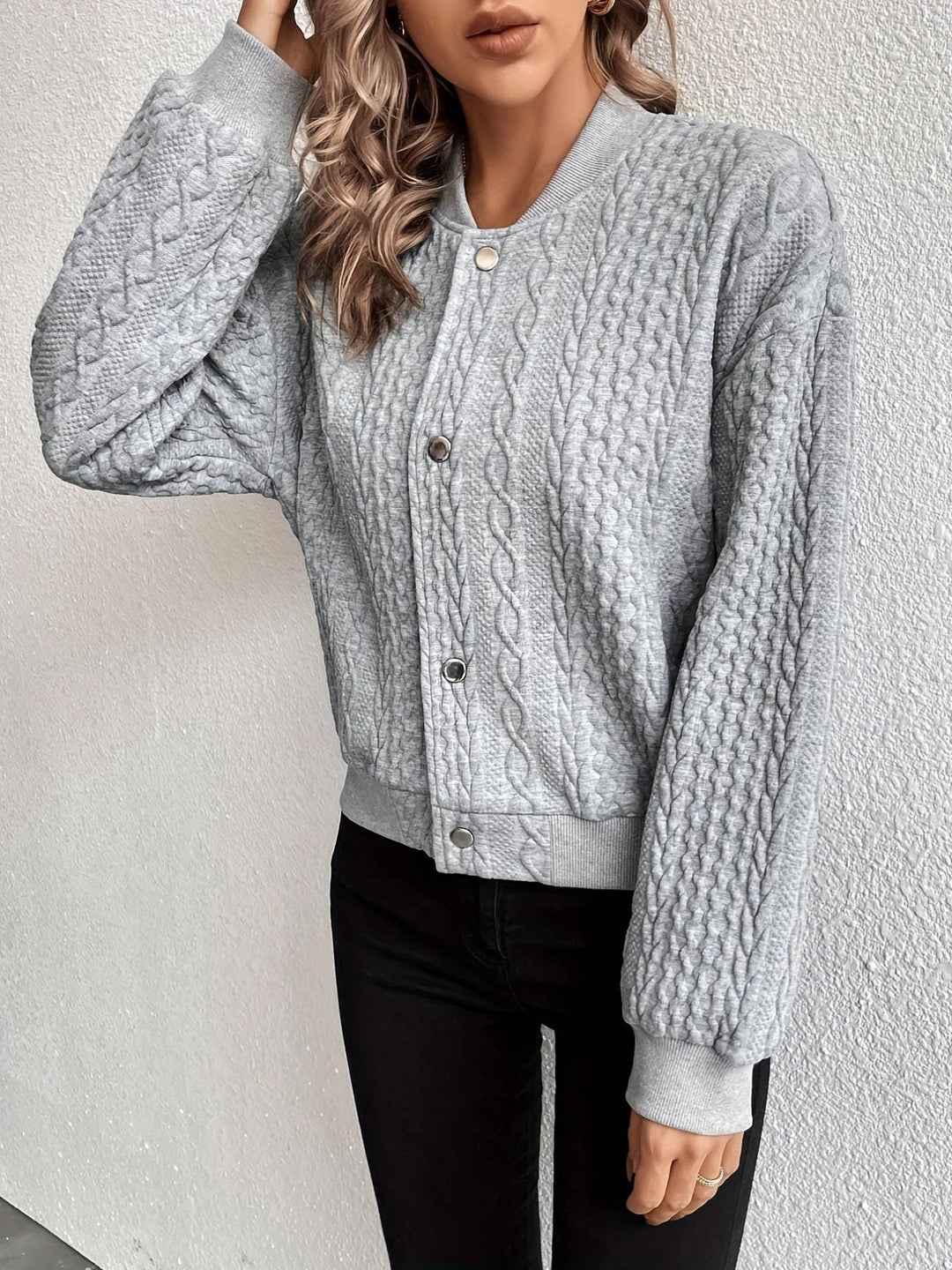 Micheline | Women's Cropped Cable Knit Bomber Jacket