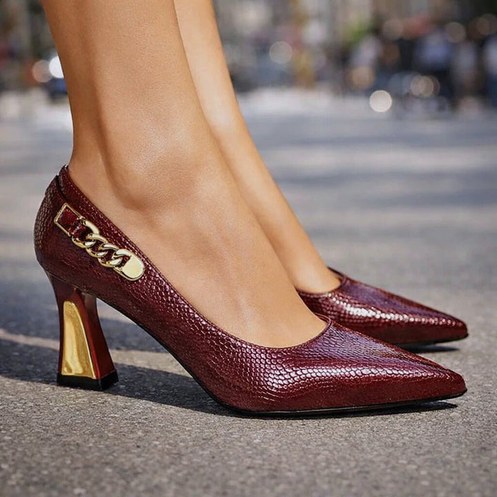 Merewyn Croc-Effect Pointed Pumps with Chain Detail - image 1