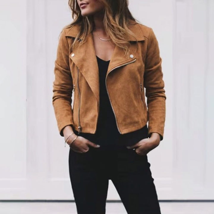 Clementine | Women's Suede-Look Cropped Moto Jacket with Lapel Collar