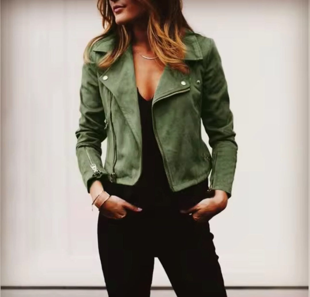 Clementine | Women's Suede-Look Cropped Moto Jacket with Lapel Collar