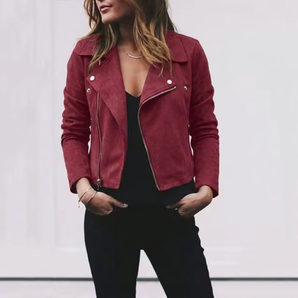 Clementine | Women's Suede-Look Cropped Moto Jacket with Lapel Collar