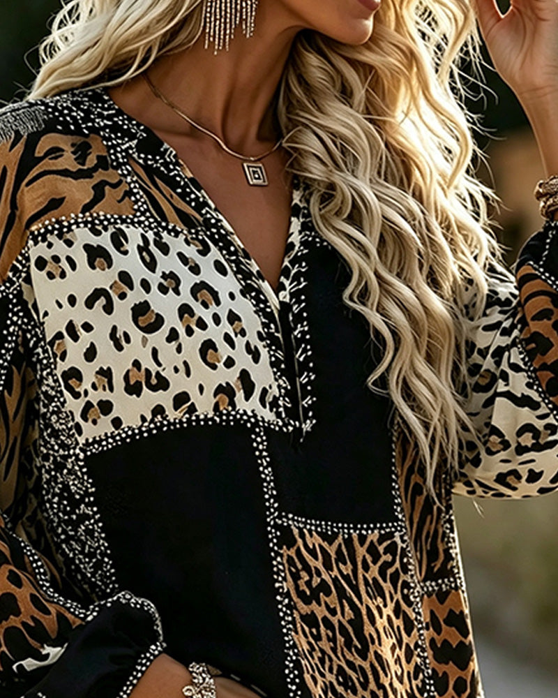 Vivianne | Women's Leopard Color Block V-Neck Blouse