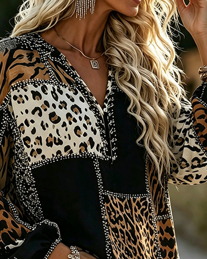 Vivianne | Women's Leopard Color Block V-Neck Blouse