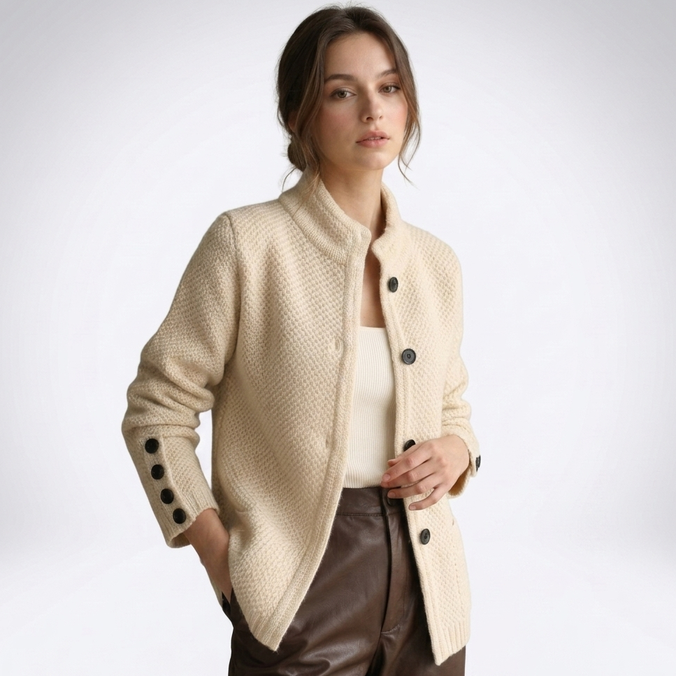 Novella | Women's Textured Mock Neck Button Cardigan