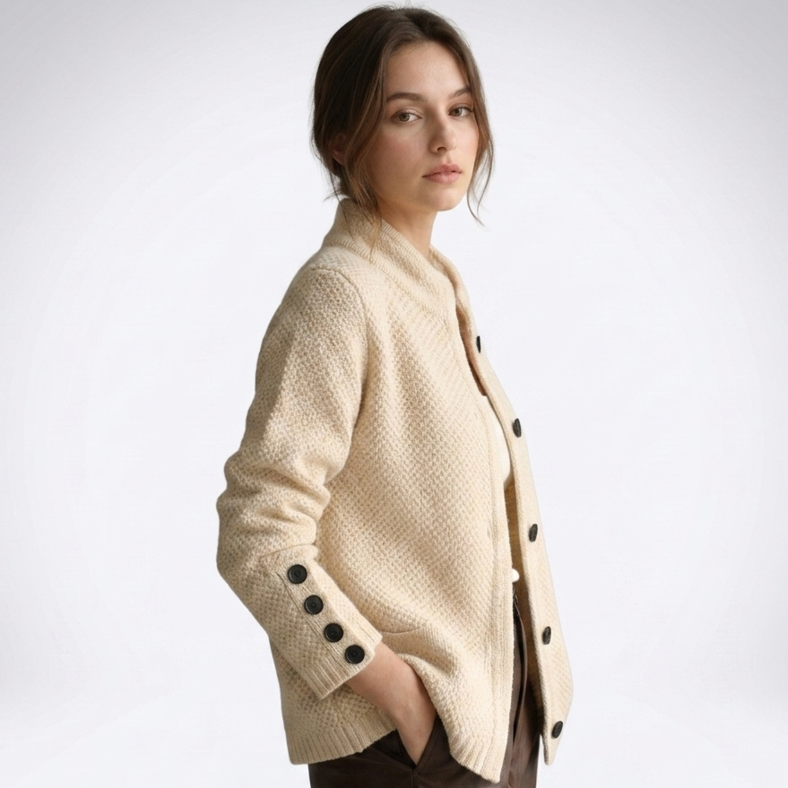 Novella | Women's Textured Mock Neck Button Cardigan