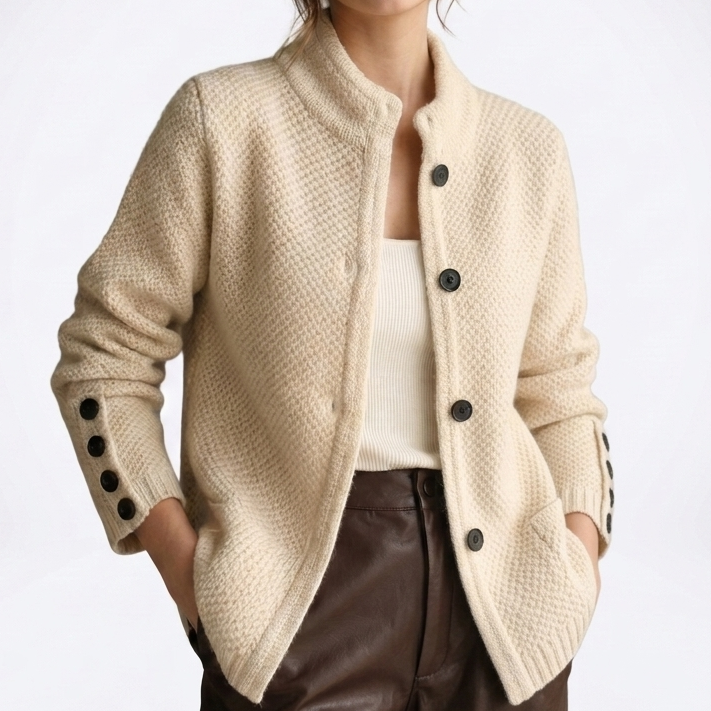 Novella | Women's Textured Mock Neck Button Cardigan