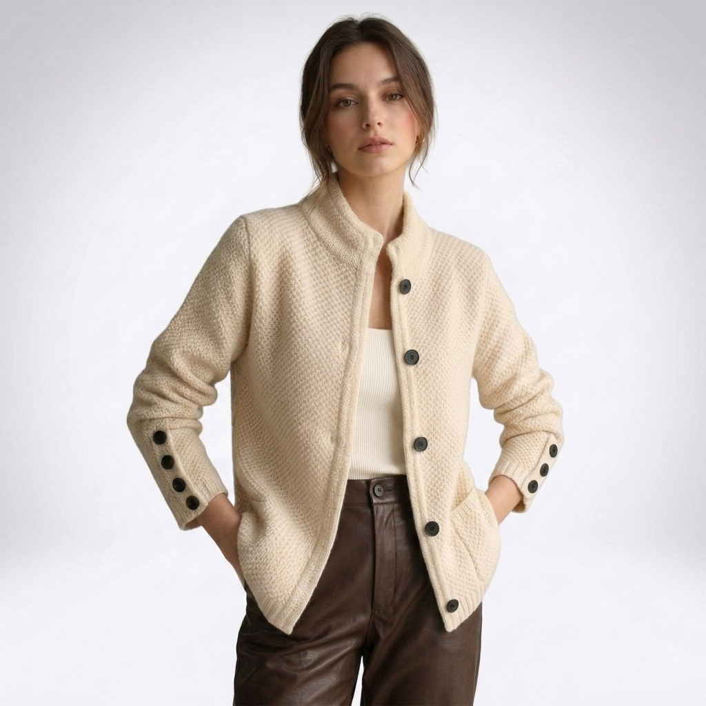Novella | Women's Textured Mock Neck Button Cardigan