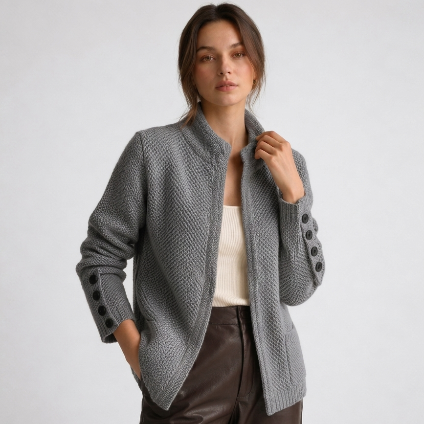 Novella | Women's Textured Mock Neck Button Cardigan