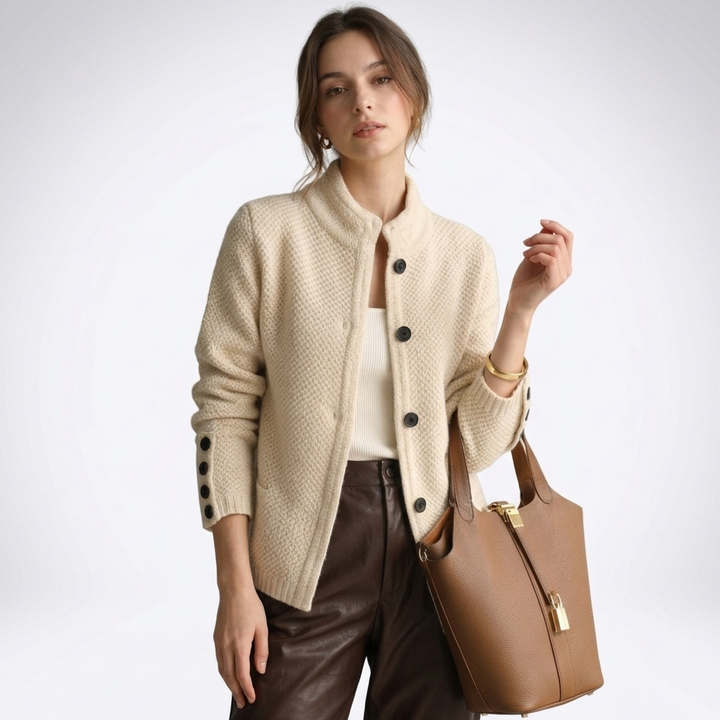 Novella | Women's Textured Mock Neck Button Cardigan