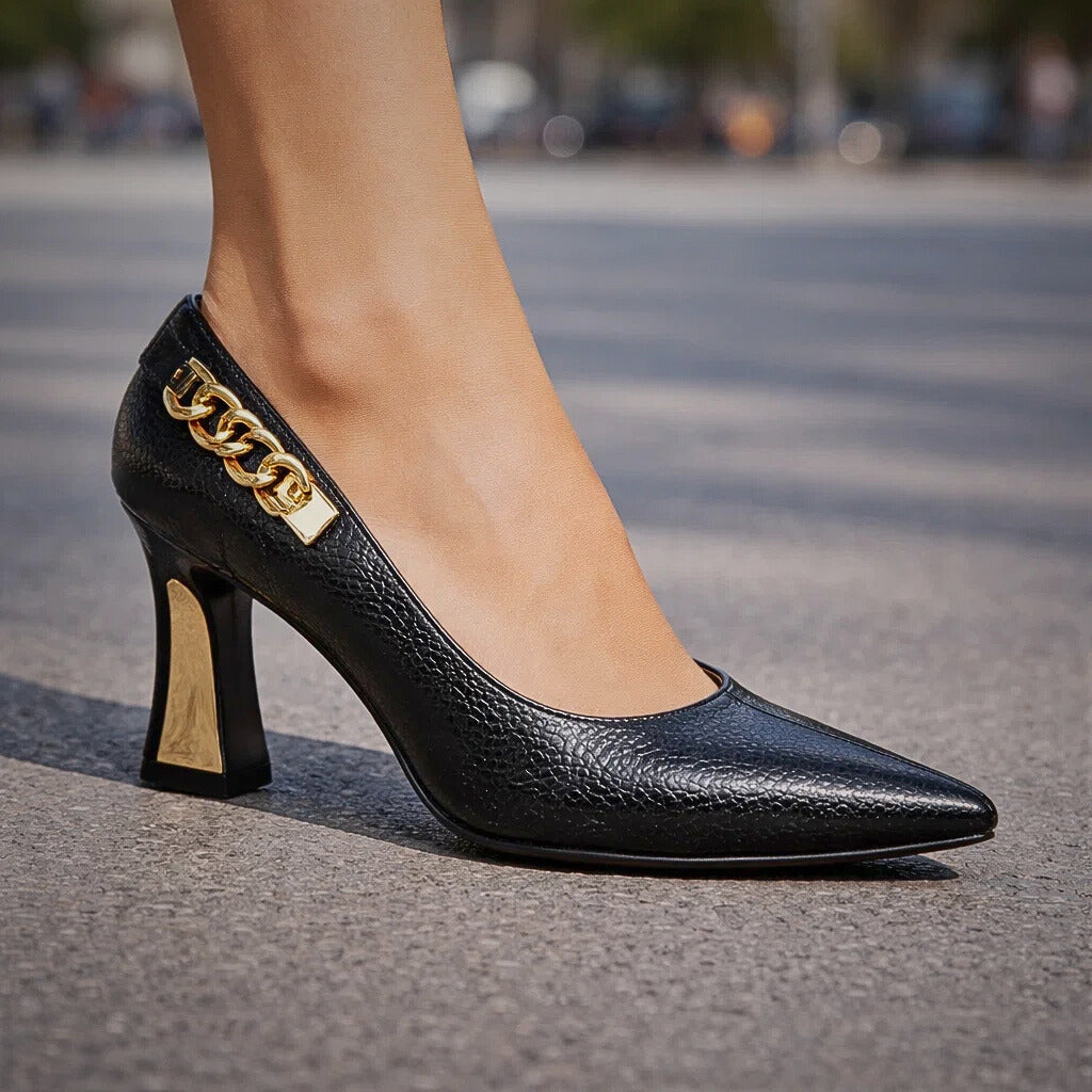 Merewyn Croc-Effect Pointed Pumps with Chain Detail - image 3