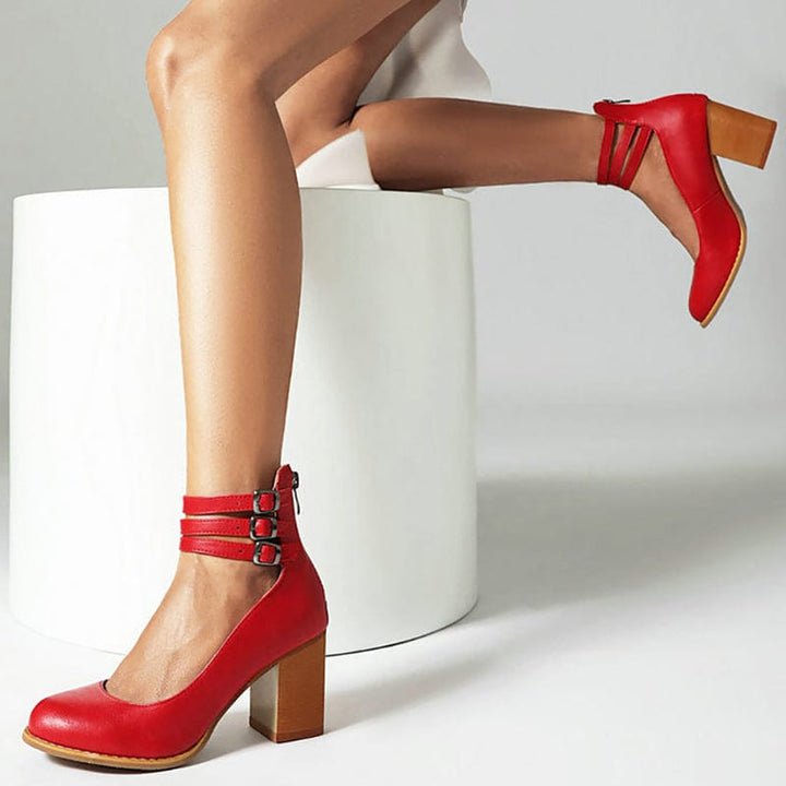 Heulwen | Women's Triple Buckle Block Heel Ankle Boots