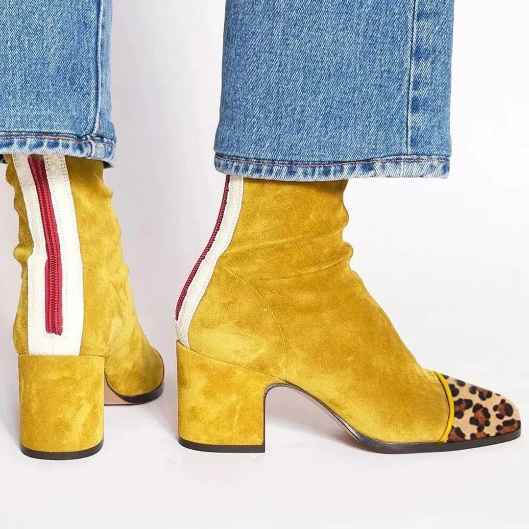 Esmeralda | Women's Suede Block Heel Ankle Boots with Leopard Toe