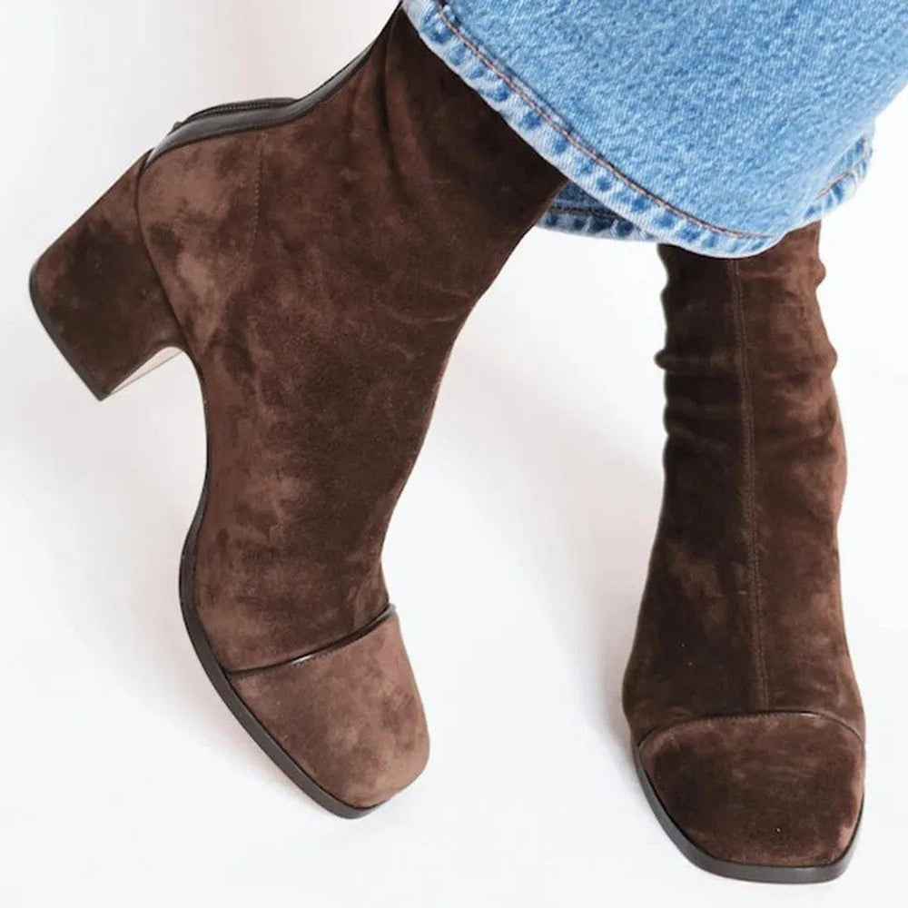 Esmeralda | Women's Suede Block Heel Ankle Boots with Leopard Toe