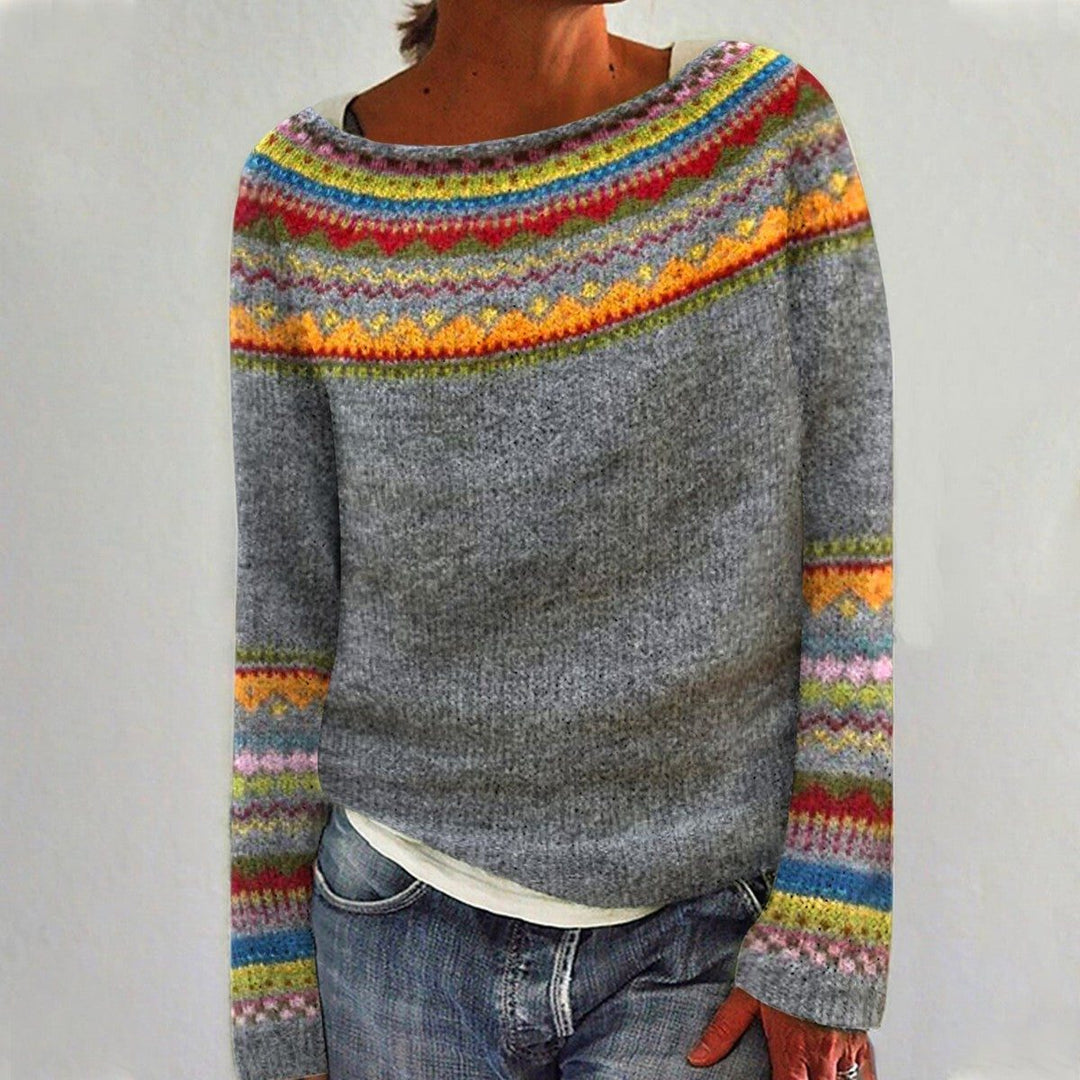 Mercedes | Women's Fair Isle Knit Sweater with Crew Neck and Long Sleeves