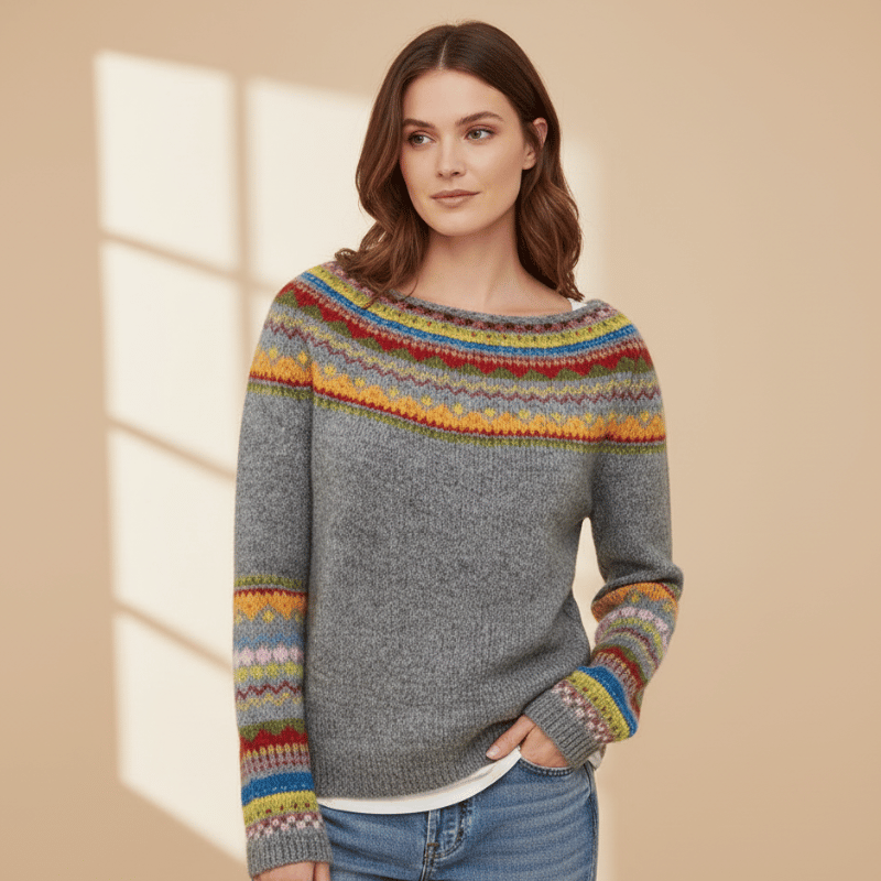 Mercedes | Women's Fair Isle Knit Sweater with Crew Neck and Long Sleeves