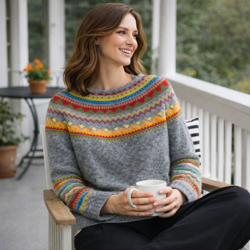 Mercedes | Women's Fair Isle Knit Sweater with Crew Neck and Long Sleeves