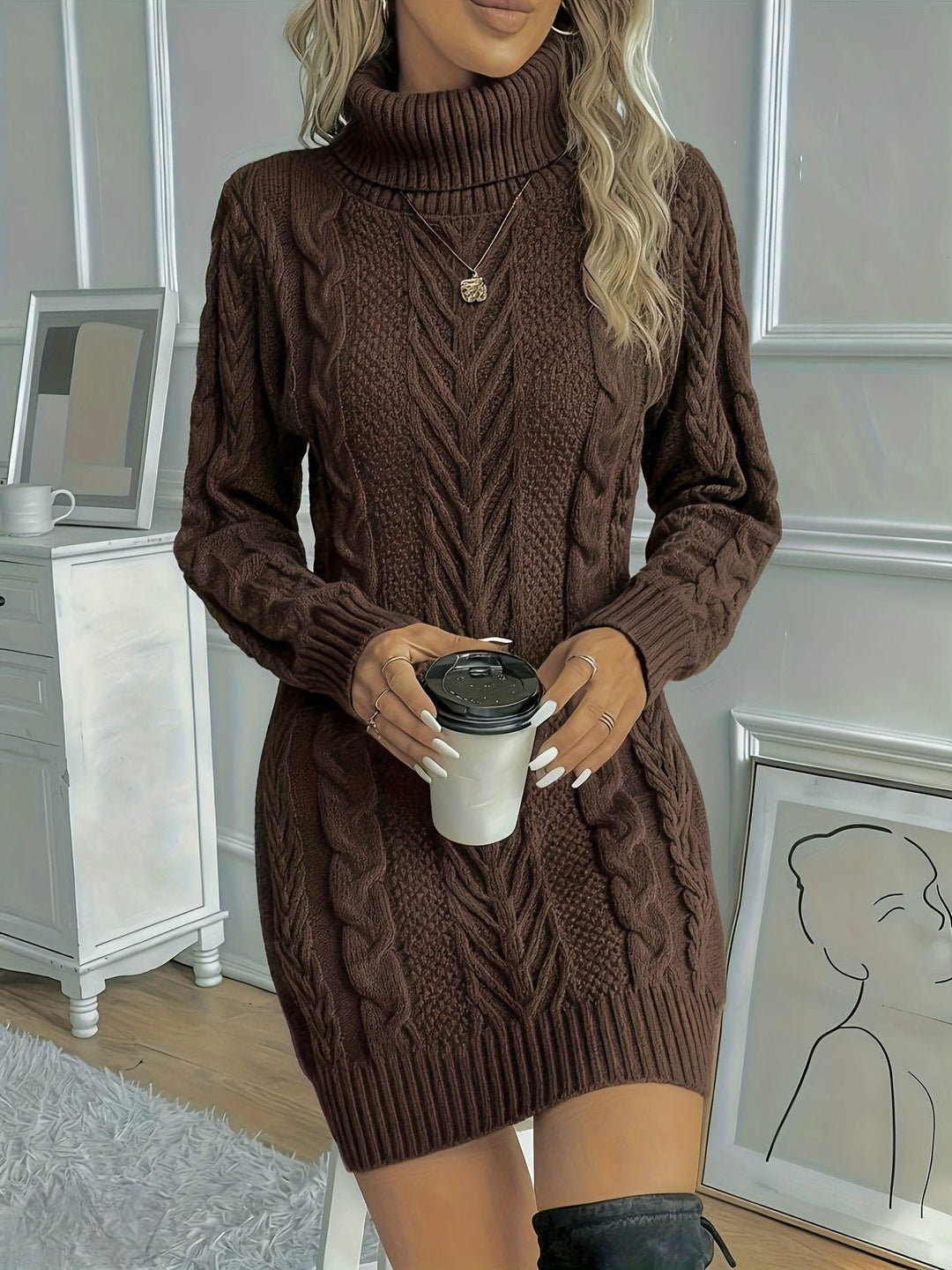 Fioralba | Women's Cable Knit Sweater Dress with Turtleneck