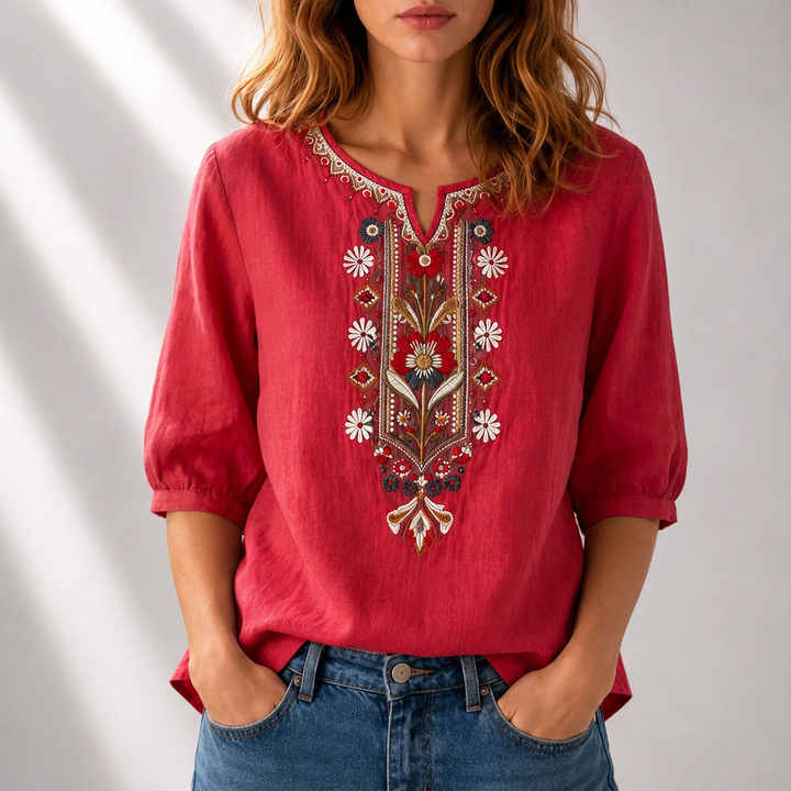 Serafine | Women's Floral Embroidered Cotton Linen Blouse