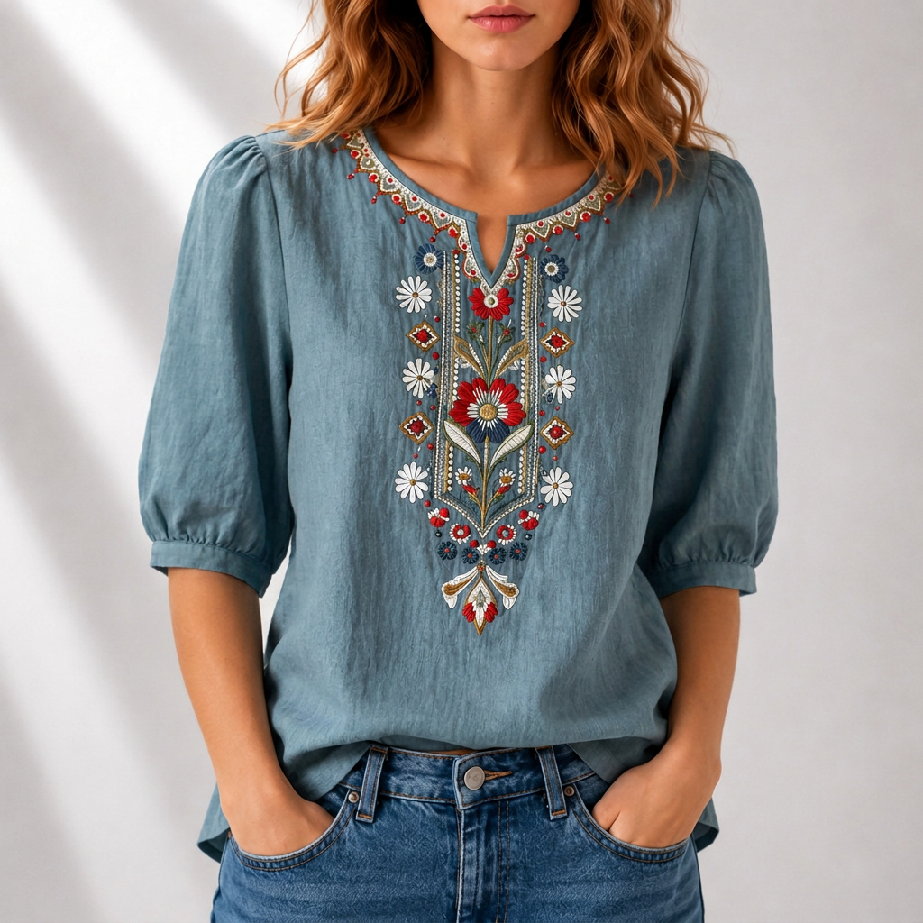 Serafine | Women's Floral Embroidered Cotton Linen Blouse
