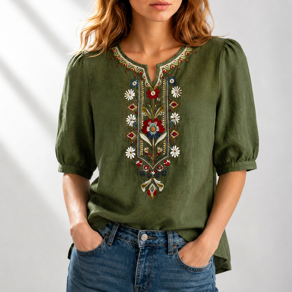 Serafine | Women's Floral Embroidered Cotton Linen Blouse
