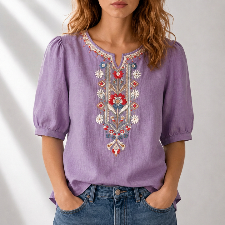 Serafine | Women's Floral Embroidered Cotton Linen Blouse