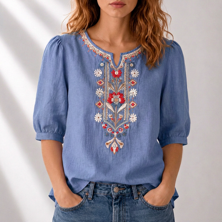 Serafine | Women's Floral Embroidered Cotton Linen Blouse