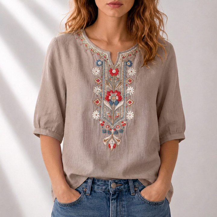 Serafine | Women's Floral Embroidered Cotton Linen Blouse