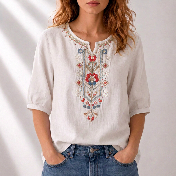 Serafine | Women's Floral Embroidered Cotton Linen Blouse