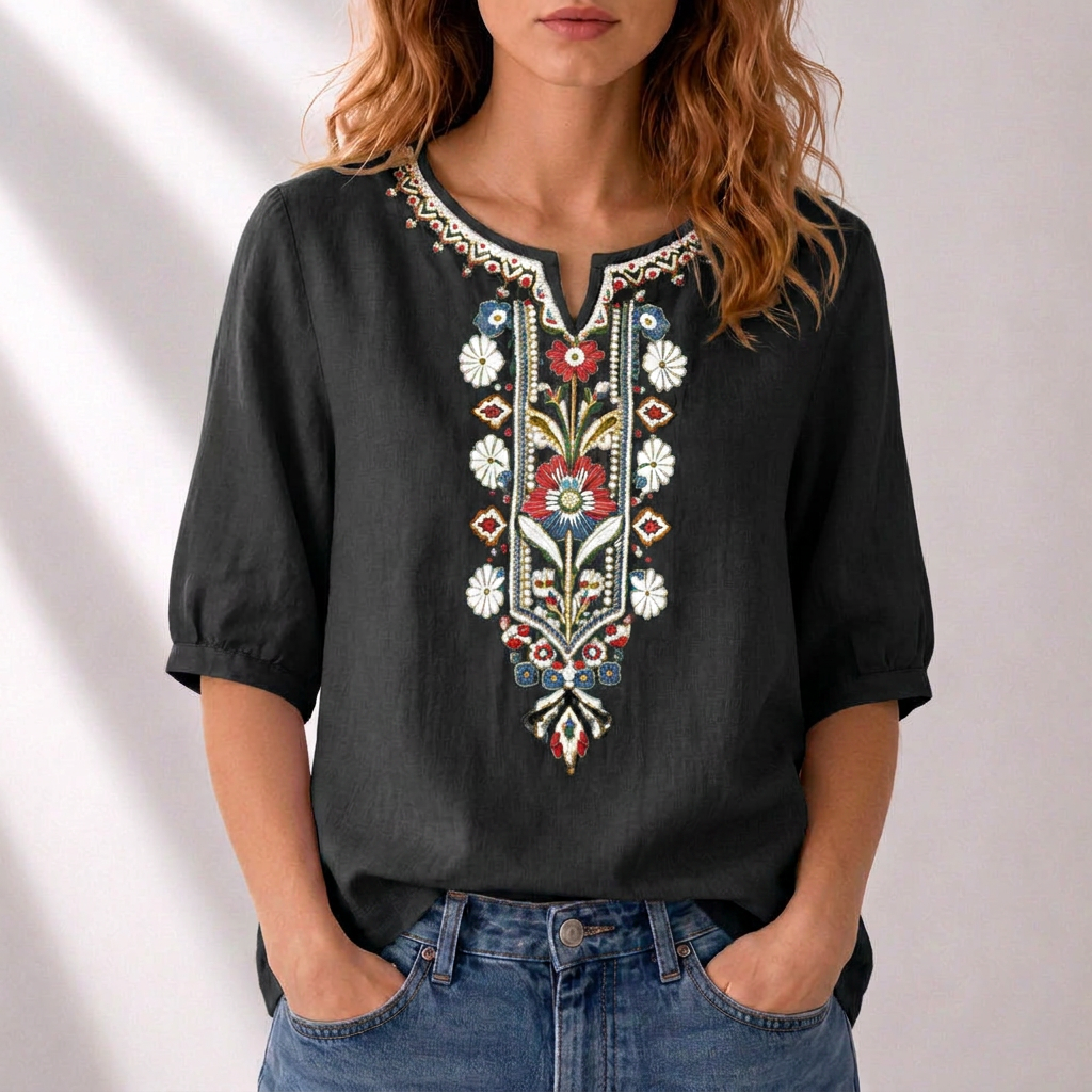 Serafine | Women's Floral Embroidered Cotton Linen Blouse