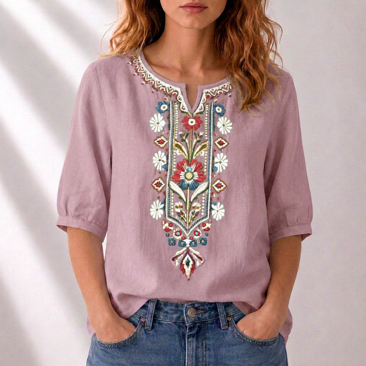 Serafine | Women's Floral Embroidered Cotton Linen Blouse